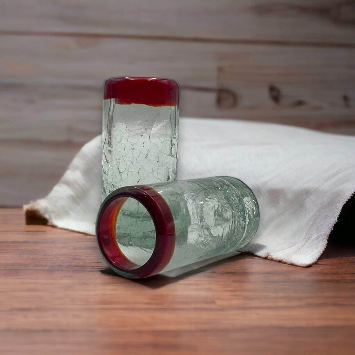 Hand-Blown Crackled Shot Glass | Red Rim Mexican Barware