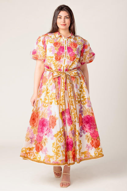 GARDEN TAPESTRY IVORY FLORAL WOVEN MIDI DRESS