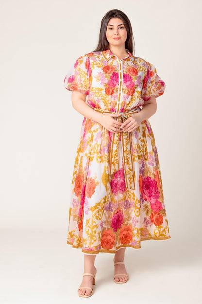 GARDEN TAPESTRY IVORY FLORAL WOVEN MIDI DRESS