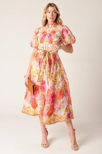 GARDEN TAPESTRY IVORY FLORAL WOVEN MIDI DRESS