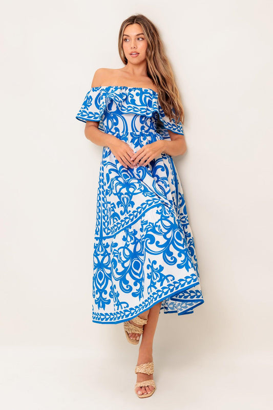 BLOOM SERENADE BLUE WOVEN MIDI DRESS