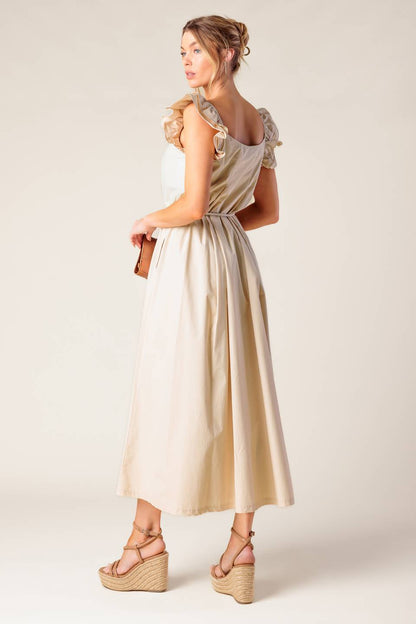 CHAMPAGNE TOAST TAUPE WOVEN MIDI DRESS