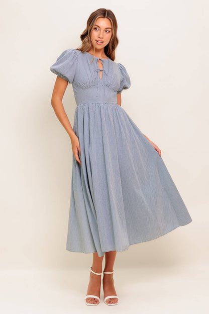 COZY GARDEN IVORY BLUE WOVEN MIDI DRESS