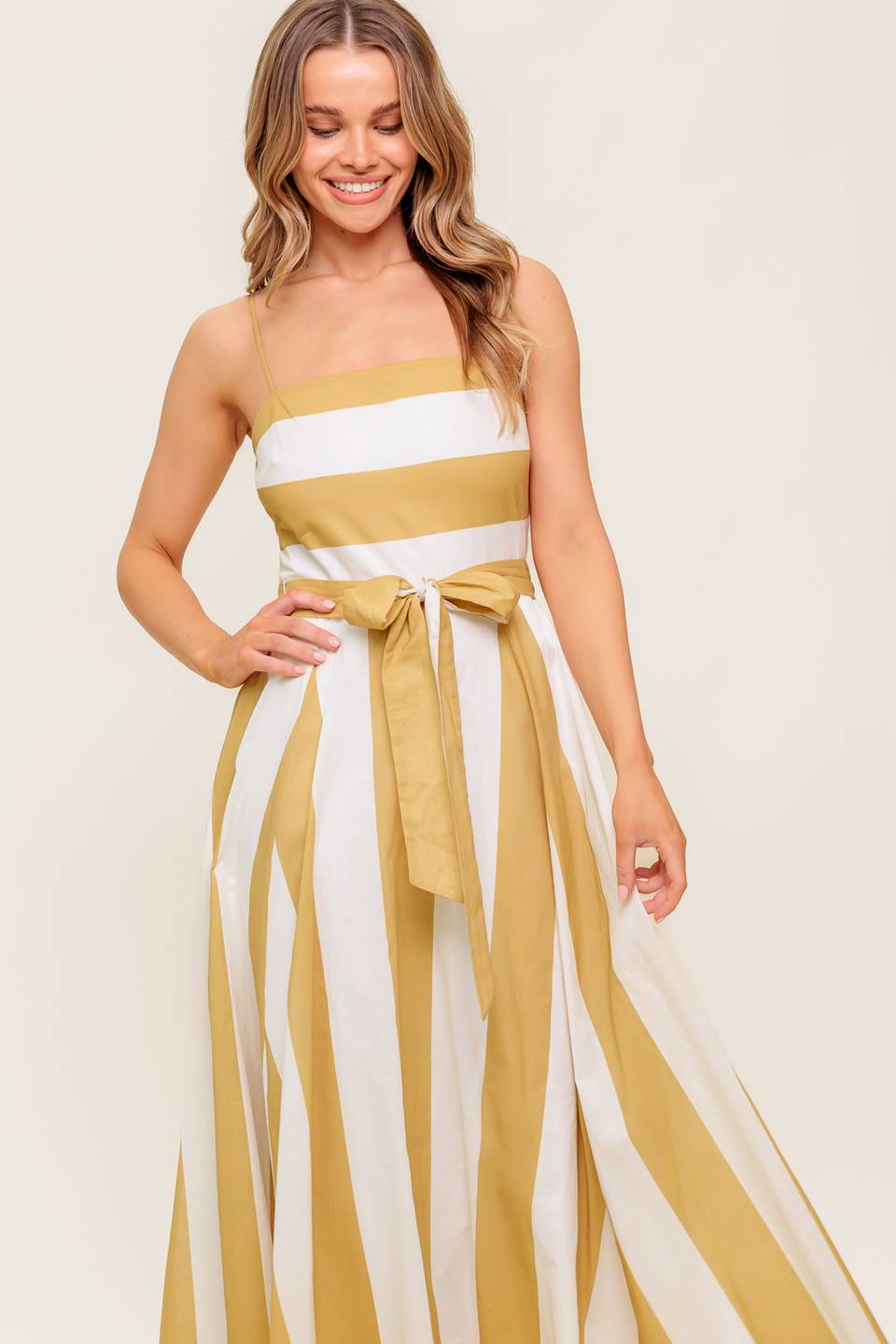SOFT HORIZON TAUPE WOVEN MIDI DRESS