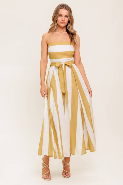 SOFT HORIZON TAUPE WOVEN MIDI DRESS