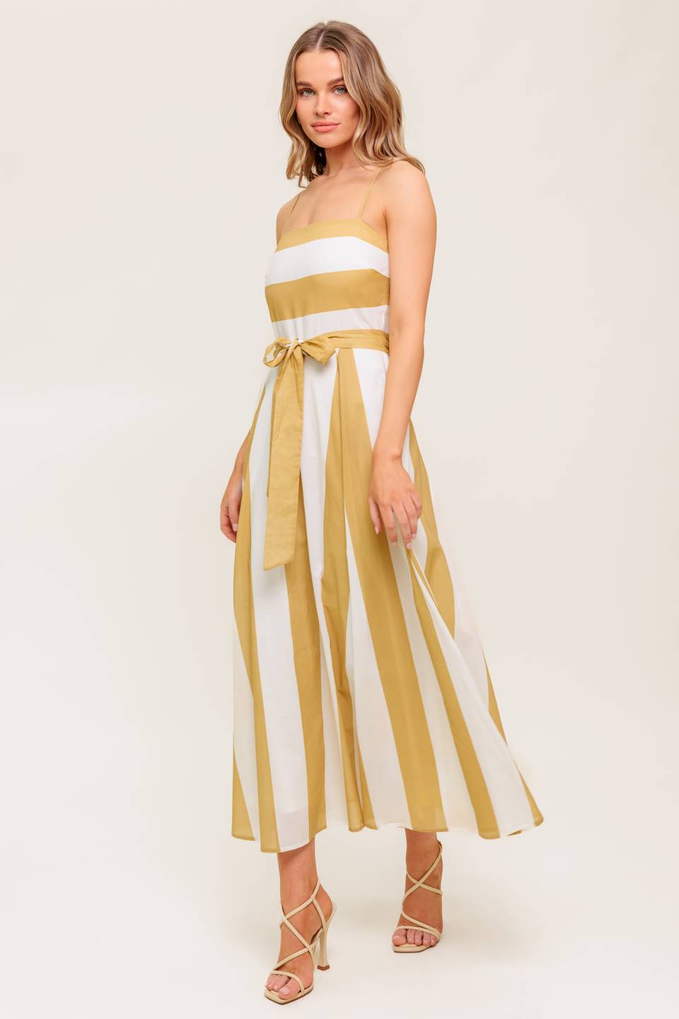 SOFT HORIZON TAUPE WOVEN MIDI DRESS