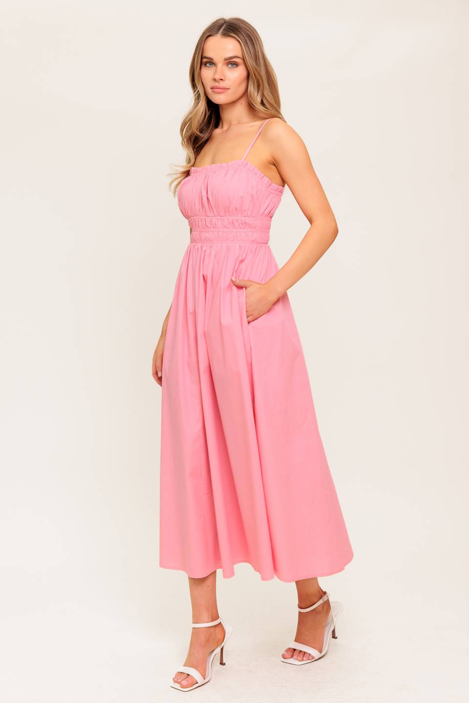 HONEY SUNSET PINK WOVEN MIDI DRESS