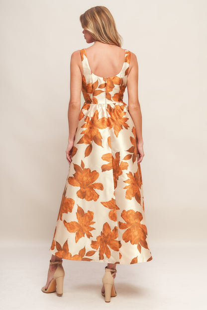 AUTUMNAL FLORAL WOVEN MIDI DRESS