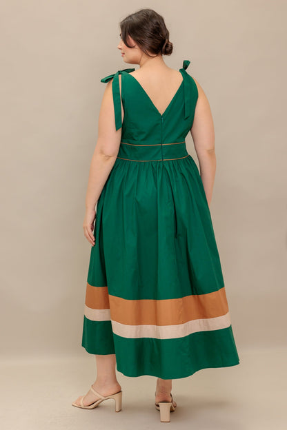 FOREST CHARM WOVEN COLOR BLOCKED MIDI DRESS