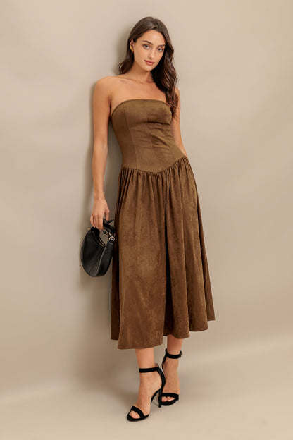 WILD ESPRESSO FAUX SUEDE MIDI DRESS