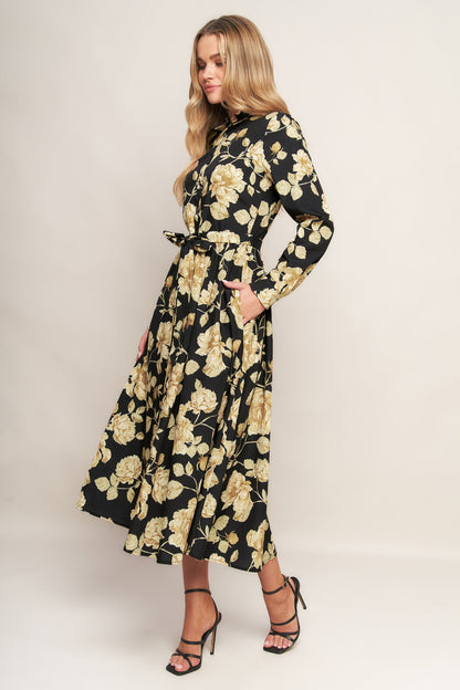 MIDNIGHT BLOOM BLACK WOVEN MIDI DRESS