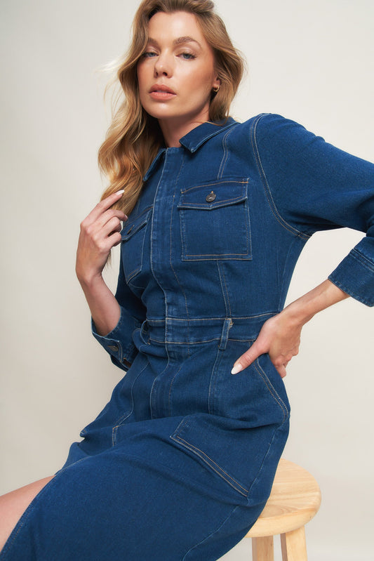 MIDNIGHT DARK INDIGO DENIM MIDI DRESS