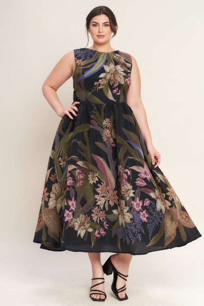 FOLIAGE WHISPER WOVEN MIDI DRESS