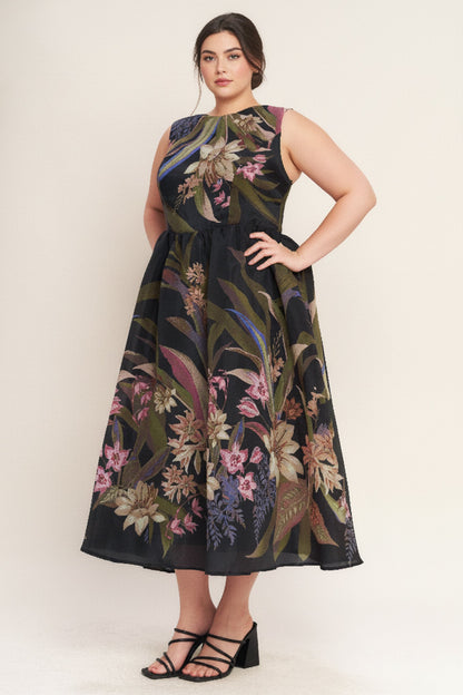 FOLIAGE WHISPER WOVEN MIDI DRESS