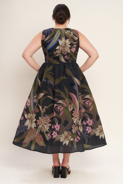 FOLIAGE WHISPER WOVEN MIDI DRESS