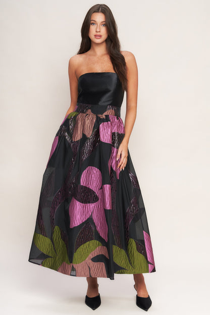 ABSTRACT ROSE WOVEN MIDI DRESS