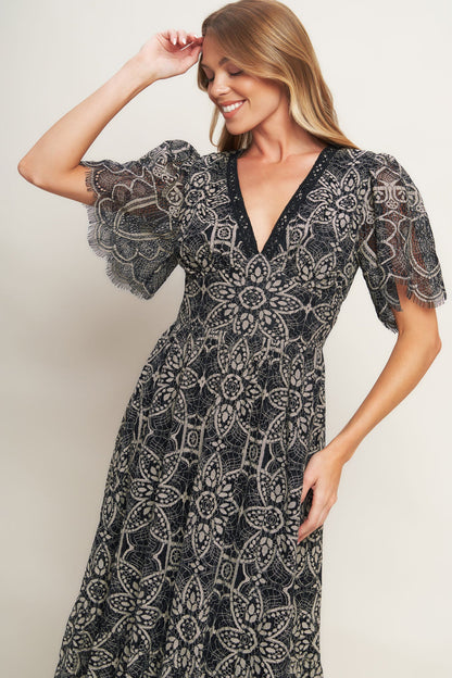 GOTHIC BLOOM WOVEN LACE MIDI DRESS