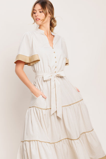 PARIS MORNING TAUPE WOVEN MIDI DRESS