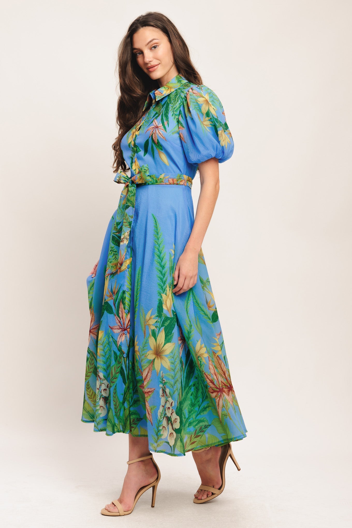 PALM SERENADE BLUE WOVEN MIDI DRESS