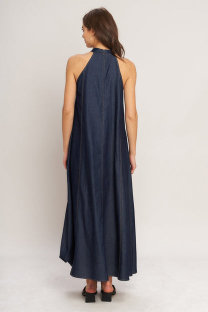 MIDNIGHT FLOW WOVEN MIDI HALTER DRESS