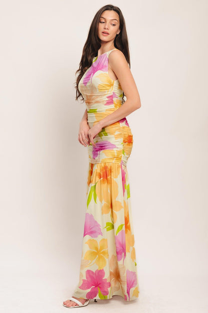 WARM BREEZE BLOOMS POWER MESH MAXI DRESS