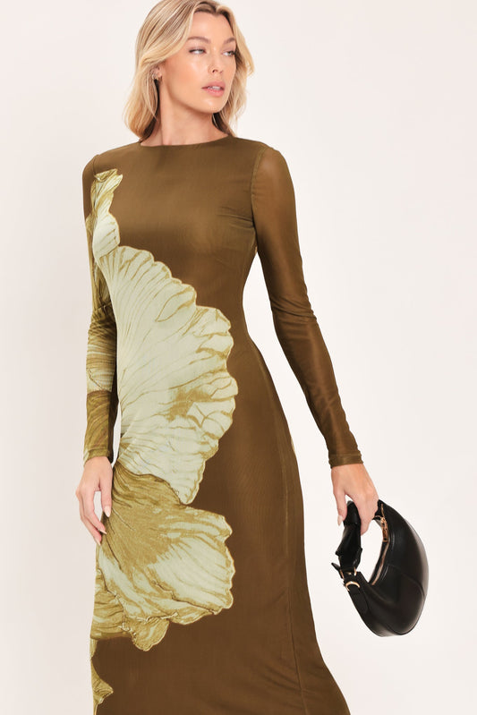 [PREORDER] BROWN BLOSSOM CONTOUR POWER MESH MIDI DRESS
