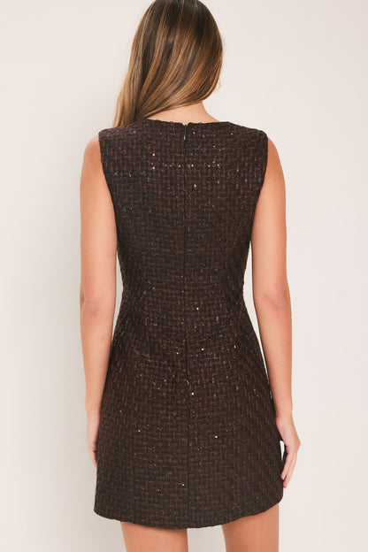 CHAMPAGNE NIGHTS CHOCOLATE SEQUIN TWEED MINI DRESS