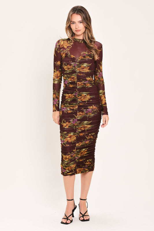 RUSSET FLORAL ELEGANCE POWER MESH MIDI DRESS