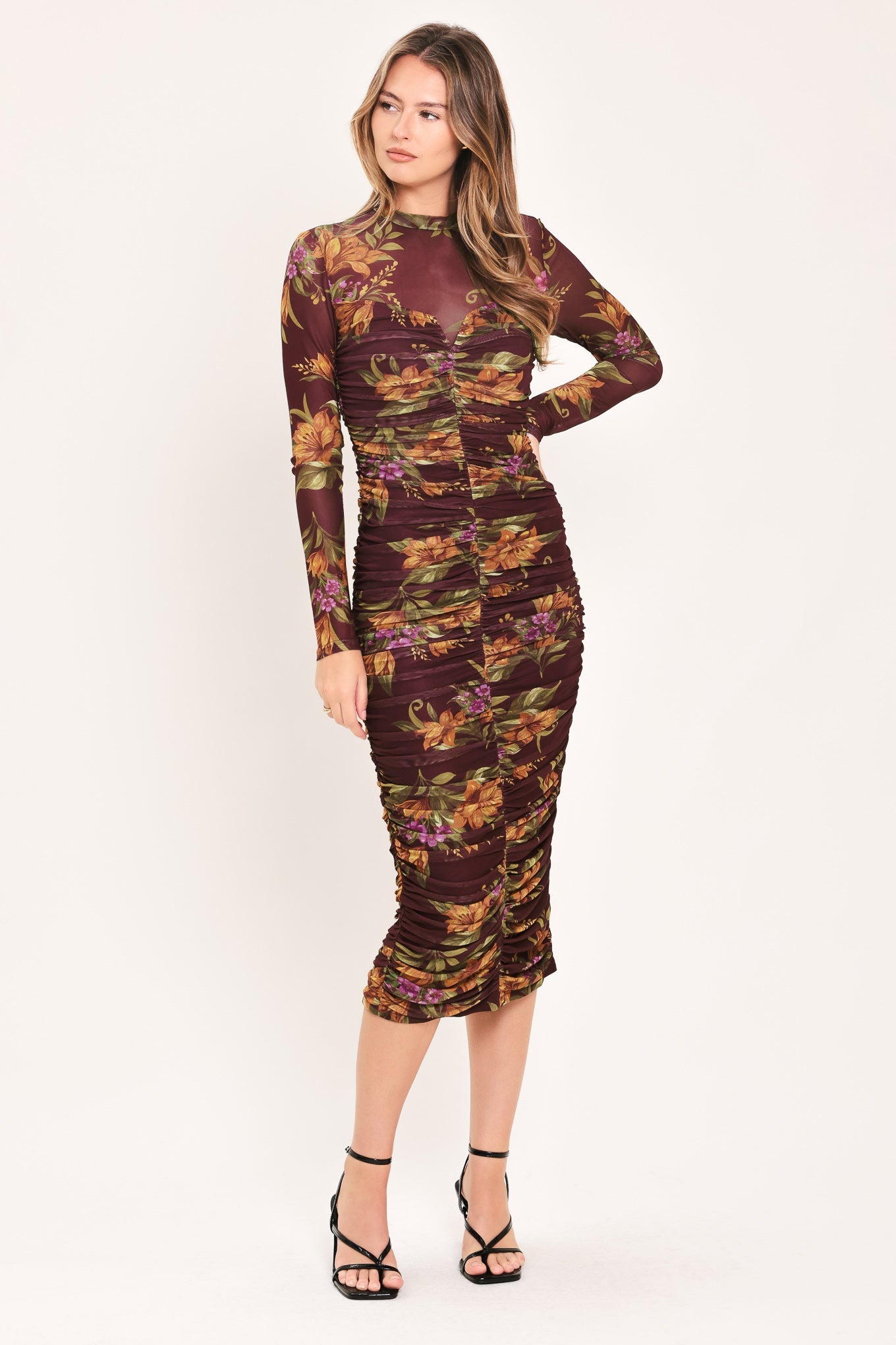 RUSSET FLORAL ELEGANCE POWER MESH MIDI DRESS