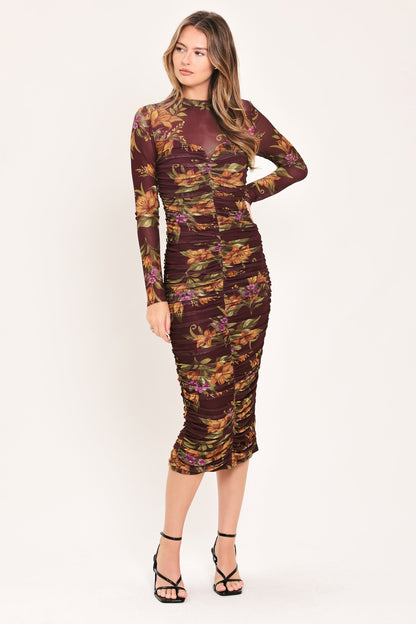 RUSSET FLORAL ELEGANCE POWER MESH MIDI DRESS