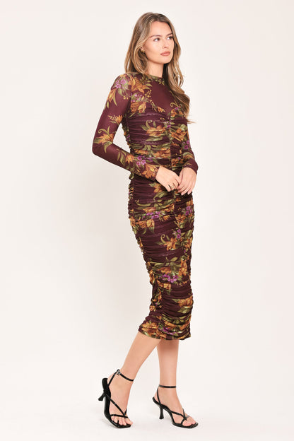 RUSSET FLORAL ELEGANCE POWER MESH MIDI DRESS