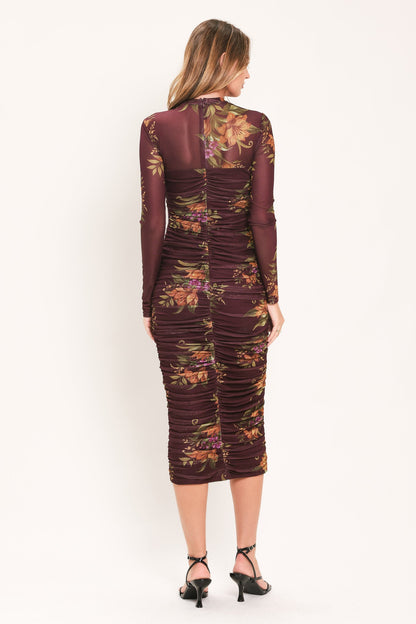 RUSSET FLORAL ELEGANCE POWER MESH MIDI DRESS