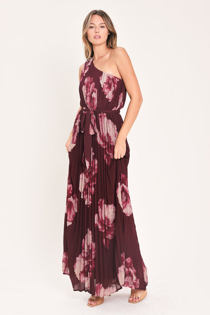 CRIMSON AFFAIR BURGUNDY PLEATED ONE-SHOULDER MAXI DRESS