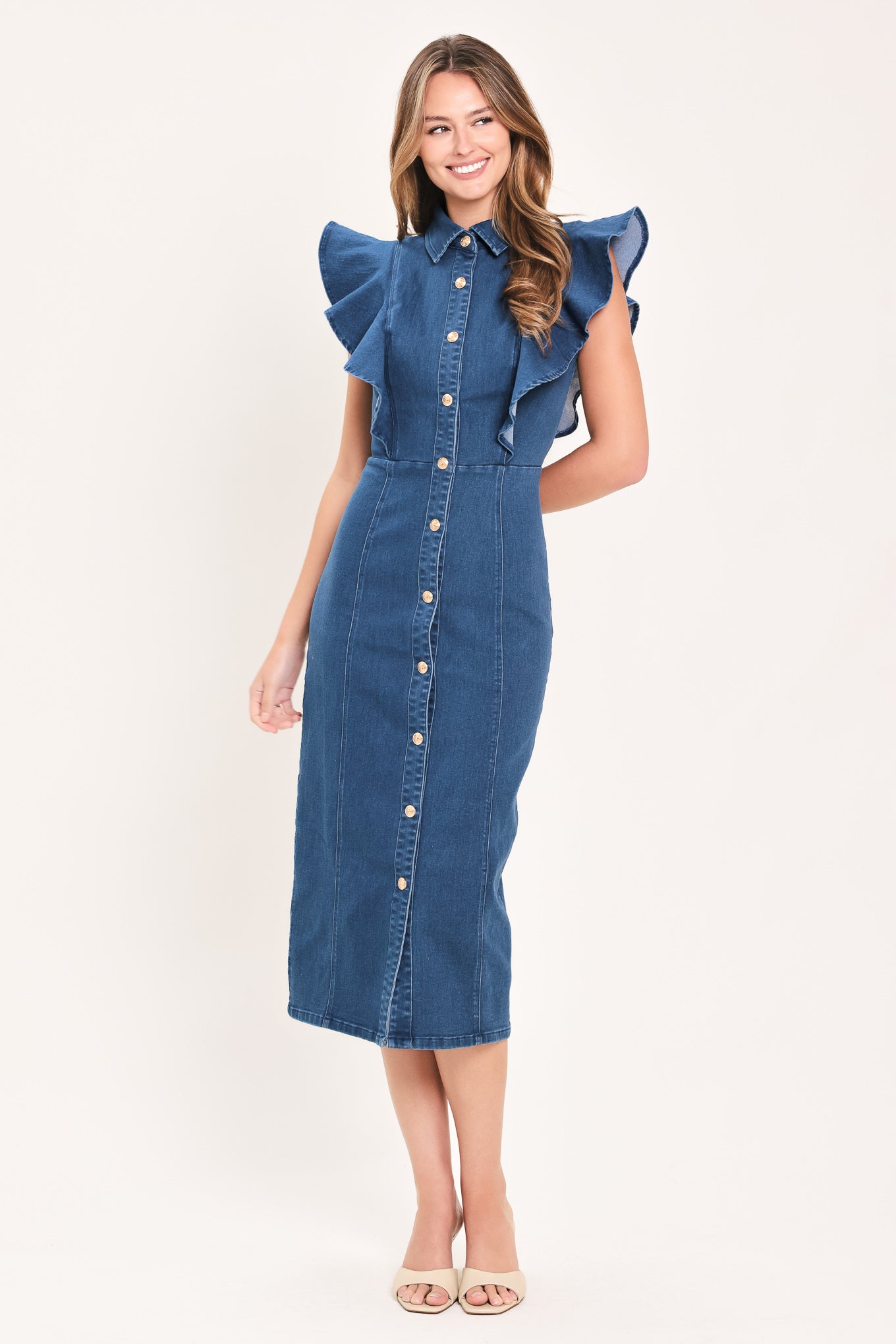 SWEETHEART BUTTON PARADE DENIM MIDI DRESS