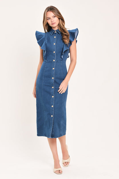SWEETHEART BUTTON PARADE DENIM MIDI DRESS