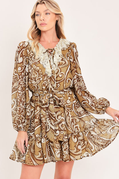 HAZELNUT LACE STORY WOVEN MINI DRESS