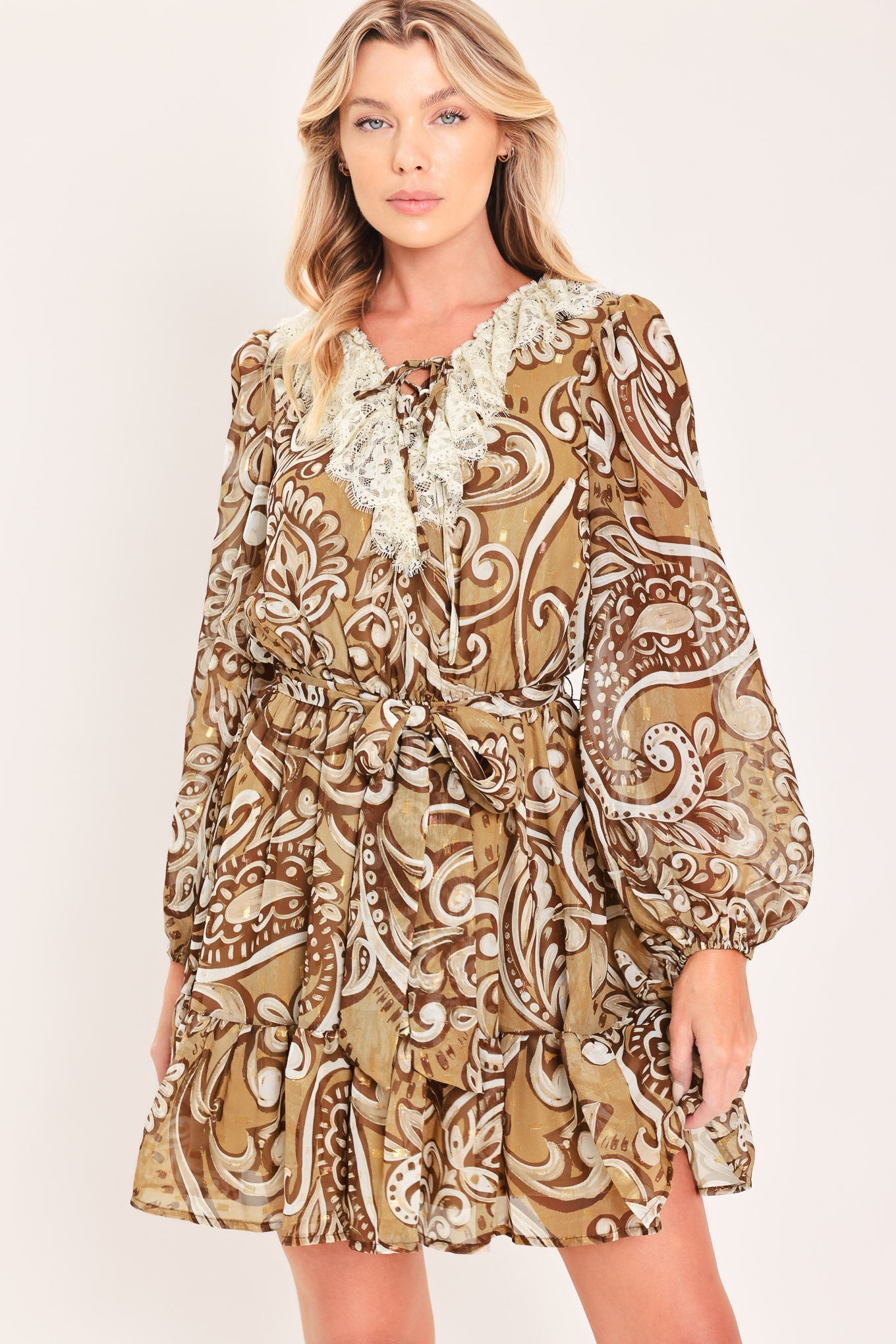 HAZELNUT LACE STORY WOVEN MINI DRESS