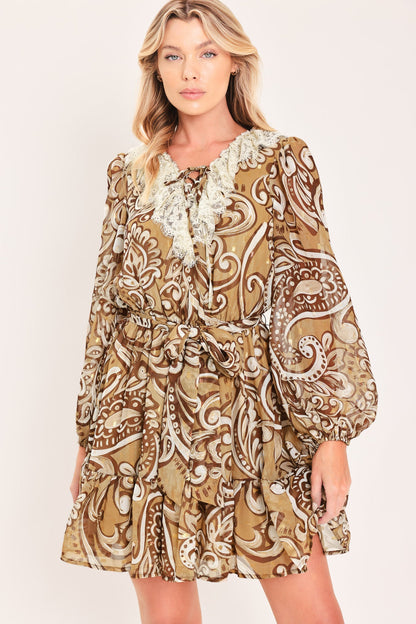 HAZELNUT LACE STORY WOVEN MINI DRESS