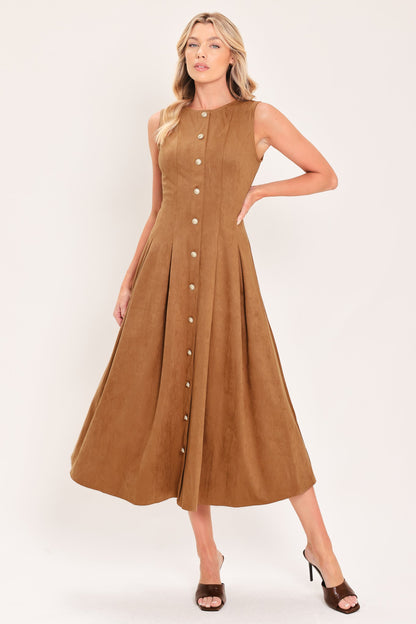 SADDLE SUEDE SWING FAUX SUEDE MIDI DRESS