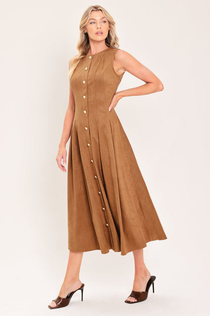 SADDLE SUEDE SWING FAUX SUEDE MIDI DRESS