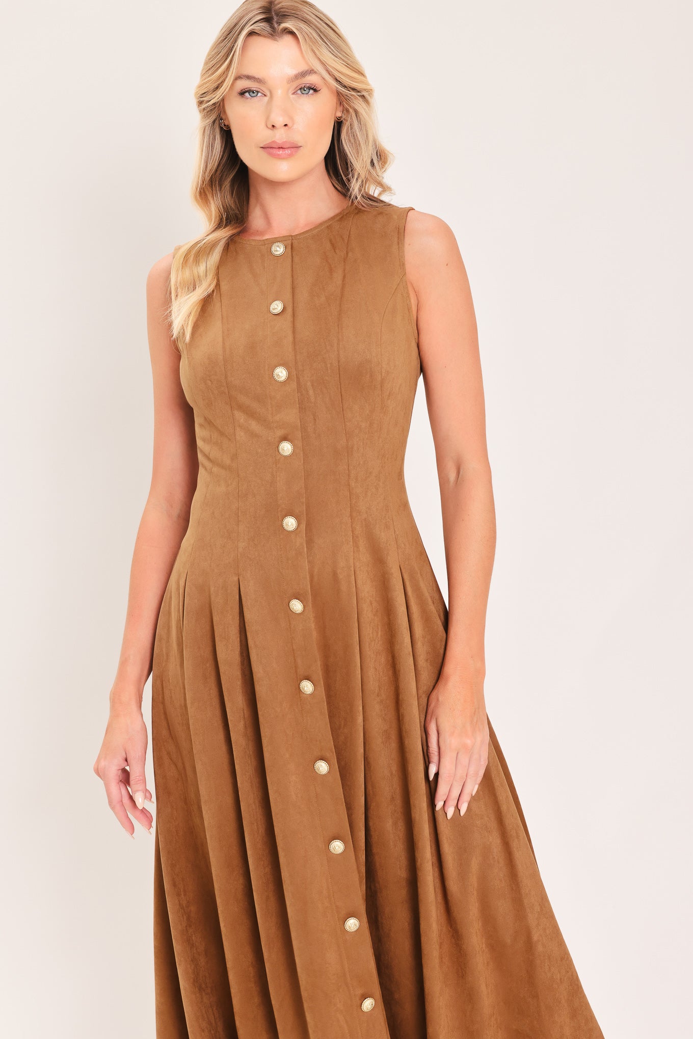 SADDLE SUEDE SWING FAUX SUEDE MIDI DRESS