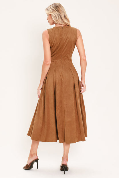 SADDLE SUEDE SWING FAUX SUEDE MIDI DRESS