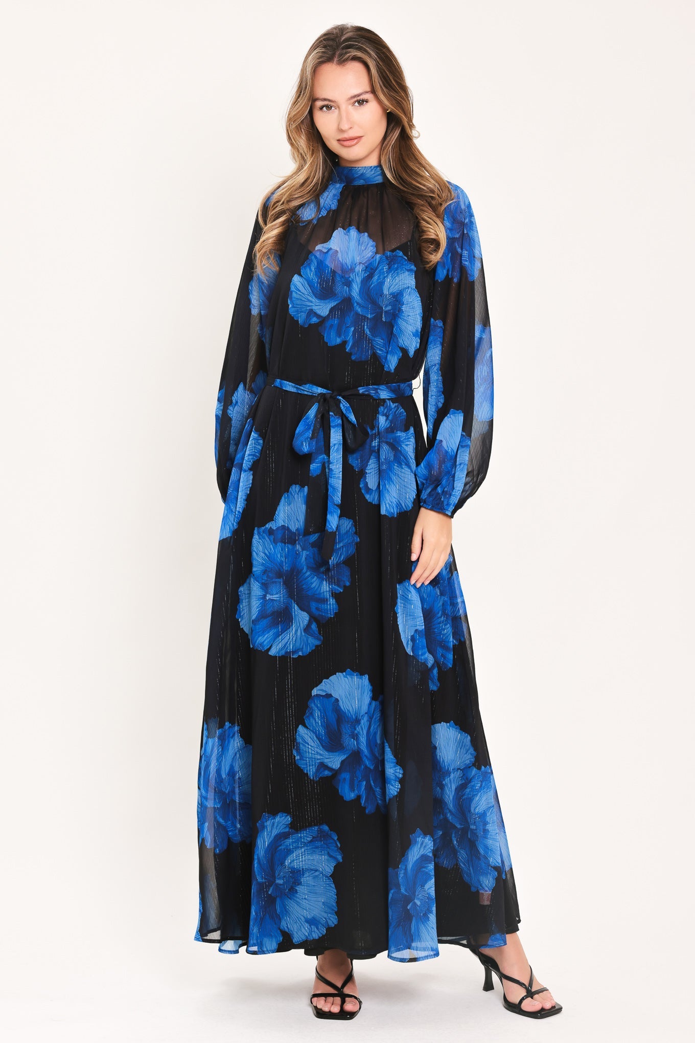 COBALT PETALS IN SHADOW WOVEN MAXI DRESS