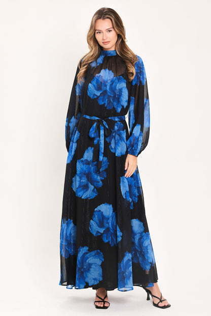 COBALT PETALS IN SHADOW WOVEN MAXI DRESS