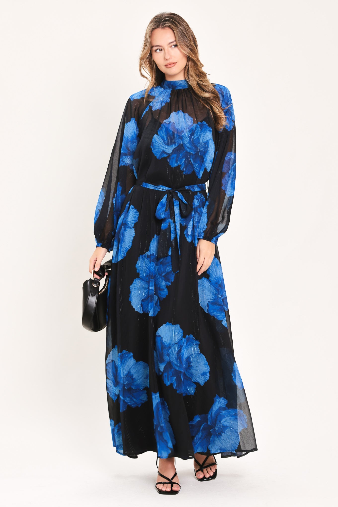 COBALT PETALS IN SHADOW WOVEN MAXI DRESS