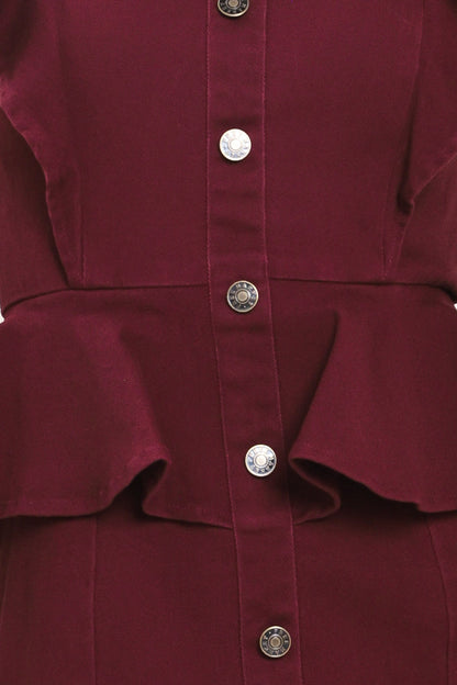 BURGUNDY RUFFLE REVERENCE WOVEN MIDI DRESS