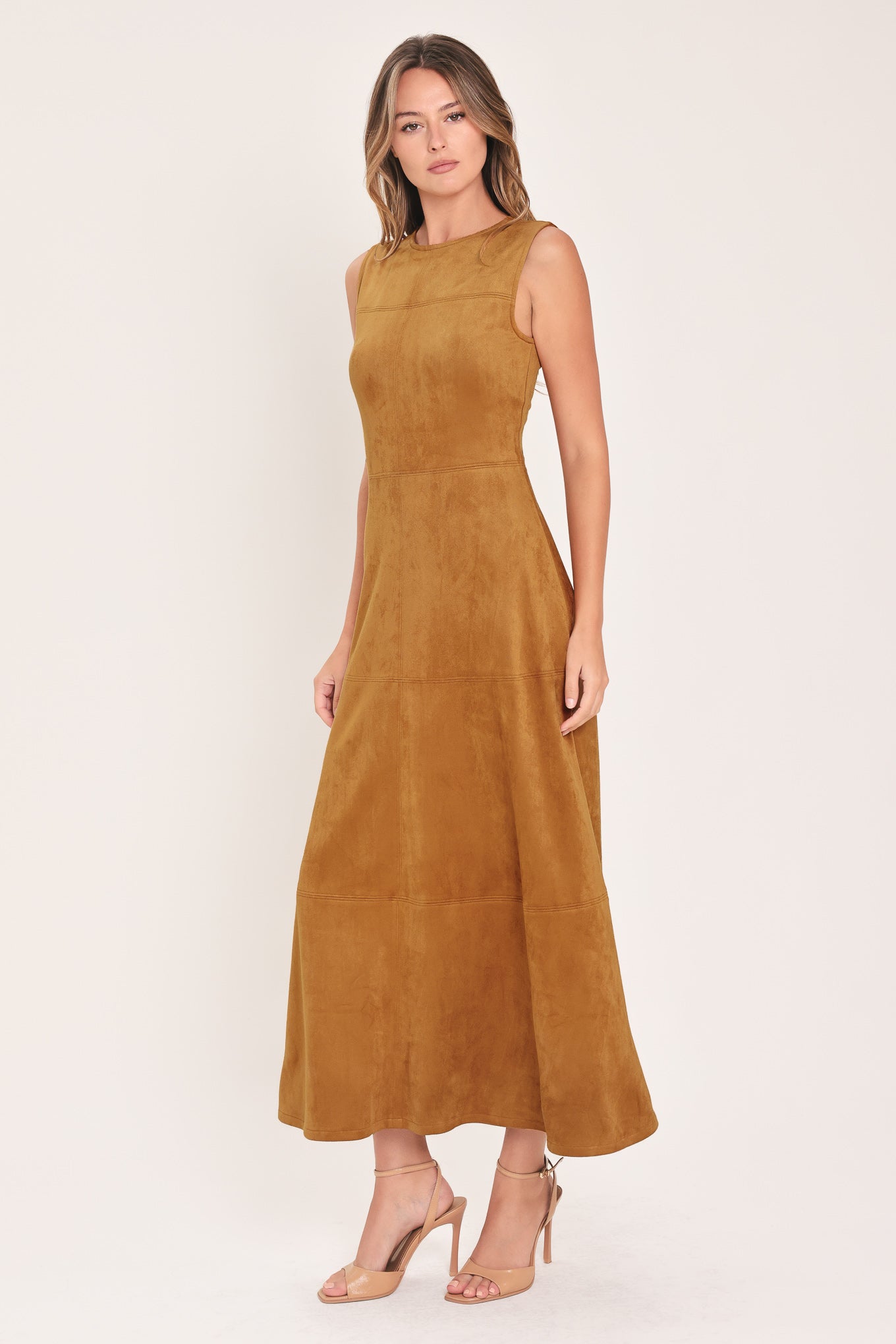 HARVEST MOON CAMEL FAUX SUEDE FIT & FLARE MIDI DRESS