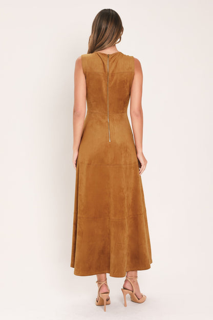 HARVEST MOON CAMEL FAUX SUEDE FIT & FLARE MIDI DRESS