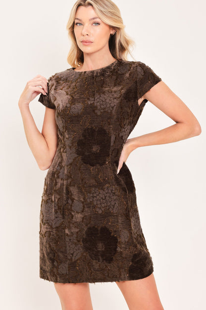 DEEP COFFEE CONTOUR JACQUARD VELVET MINI DRESS