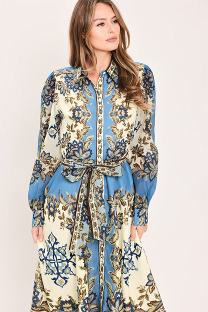 SKYBORNE ORNAMENTAL GRACE WOVEN MIDI SHIRT DRESS